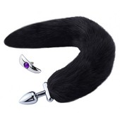 Металлическая анальная втулка со съемным черным хвостиком и пробкой с фиолетовым кристаллом